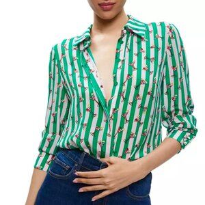 Alice & Olivia Willa Silk Shirt Martini Print Pale Pink & Green Stripes - Large